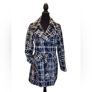 Merona Women’s Trench Coat XL Navy Blue White Abstract Print Belted Jacket